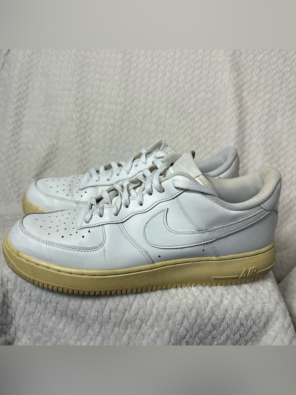 Nike Air Force 1 Low, AF1, Triple White Vintage Aesthetic, aged sole, streetwear